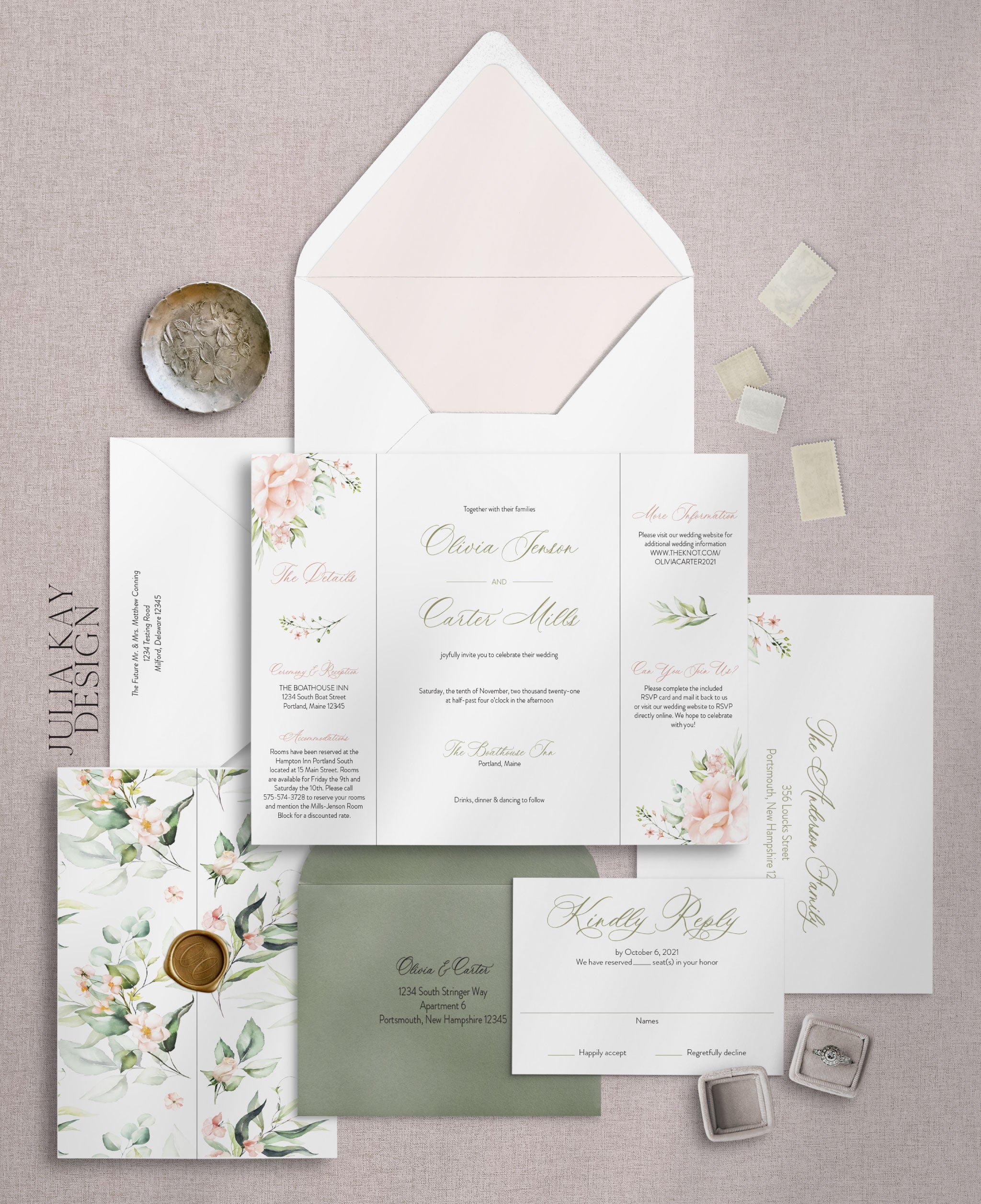 Elegant Roses Gate Fold with Wax Seal Wedding Invitation Set