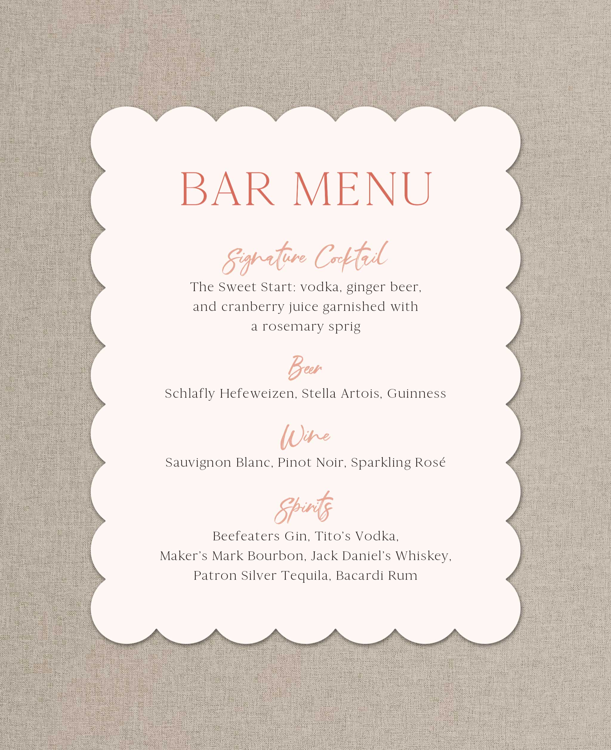 Feminine Terracotta Wedding Bar Menu