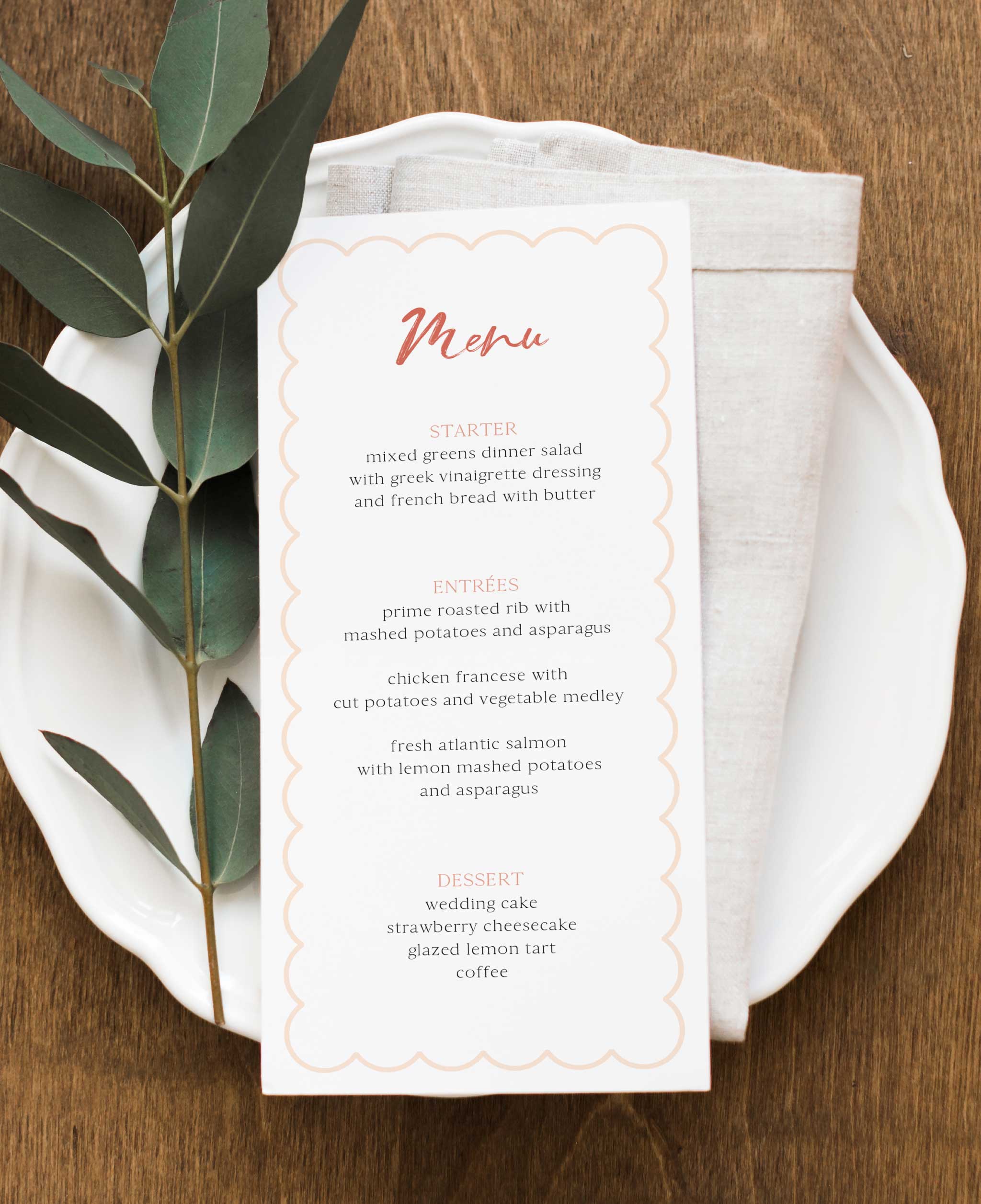 Feminine Terracotta Wedding Dinner Menu