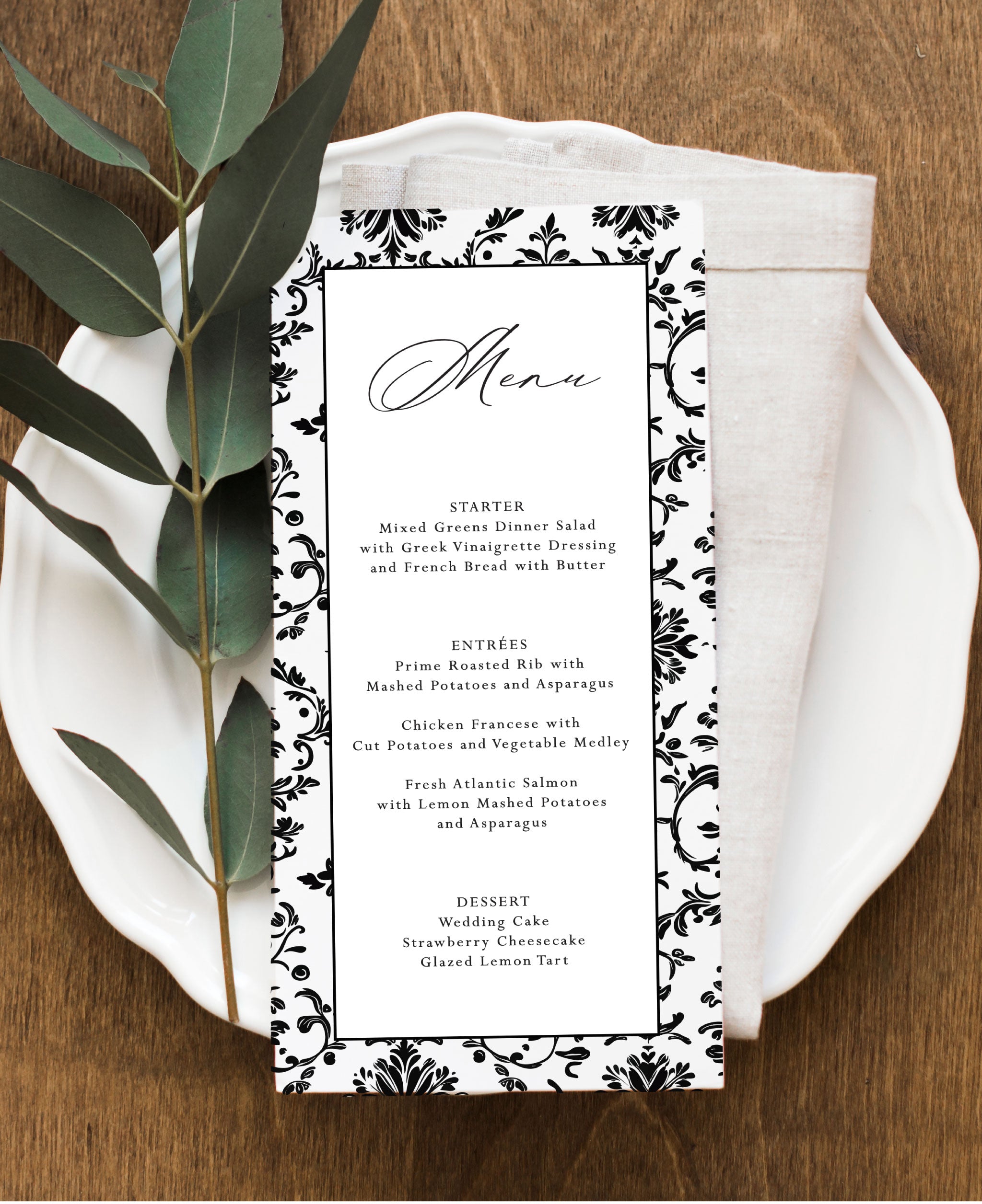 Ink and Ivory Wedding Dinner Menu – Julia Kay Design