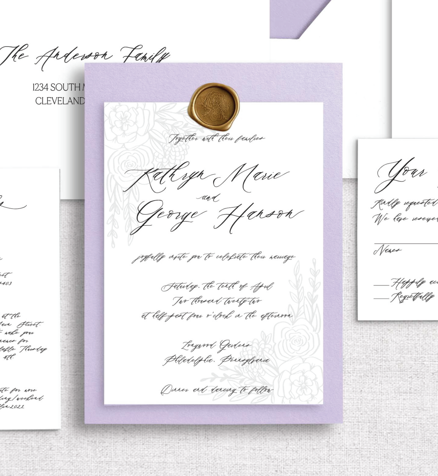 Muted Florals Double Layer & Wax Seal Wedding Invitation Set