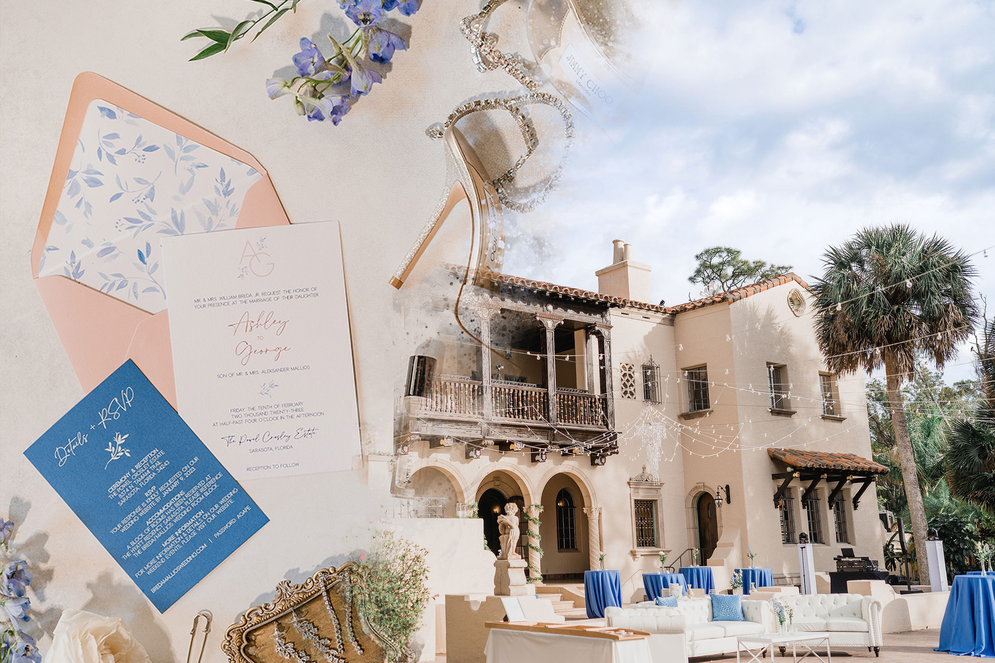 Images of a wedding invitation suite and wedding venue.  Both of the images showcase matching blue and peachy colors that were used in the invites and venue.