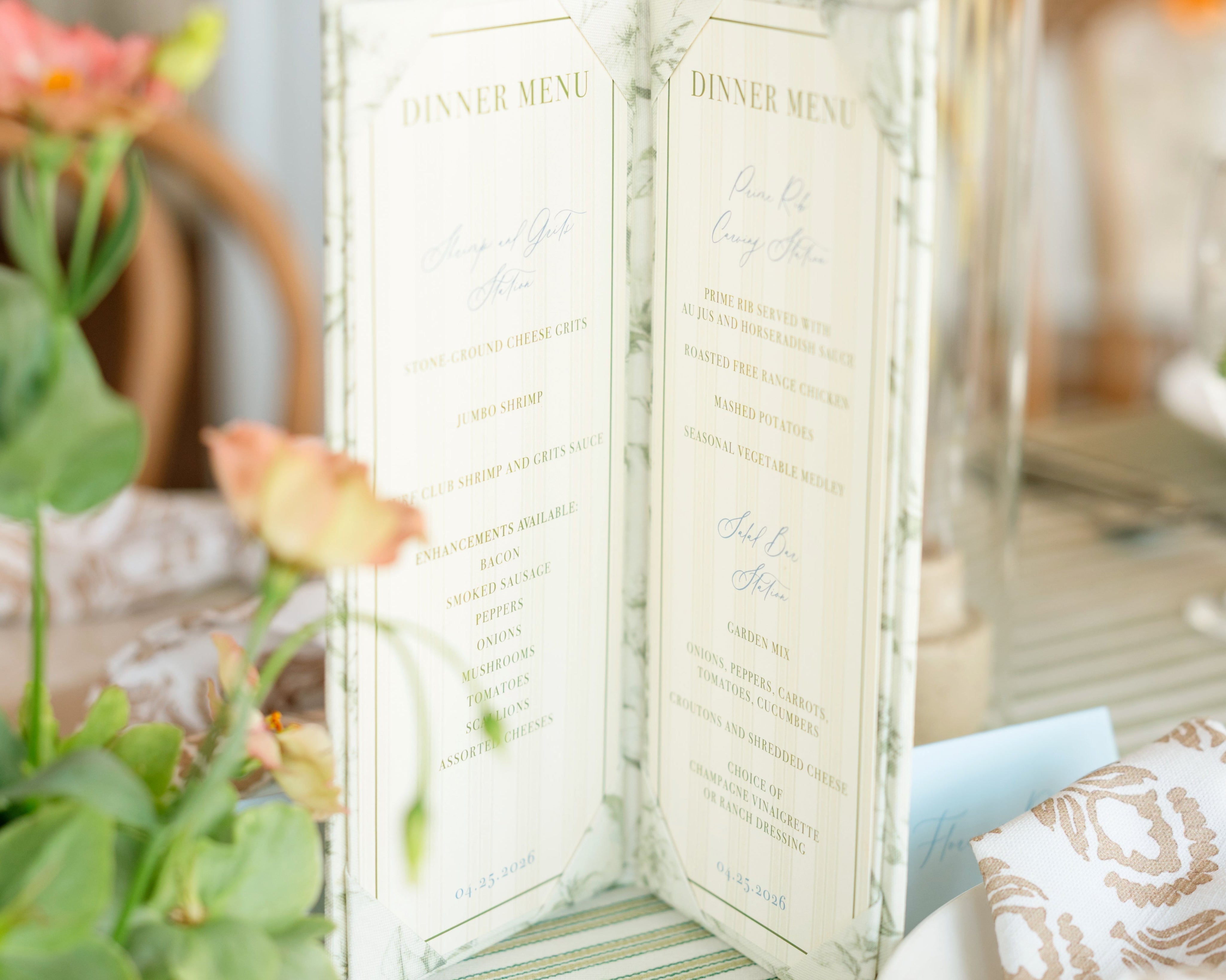 Tablescape featuring a folio wedding menu.