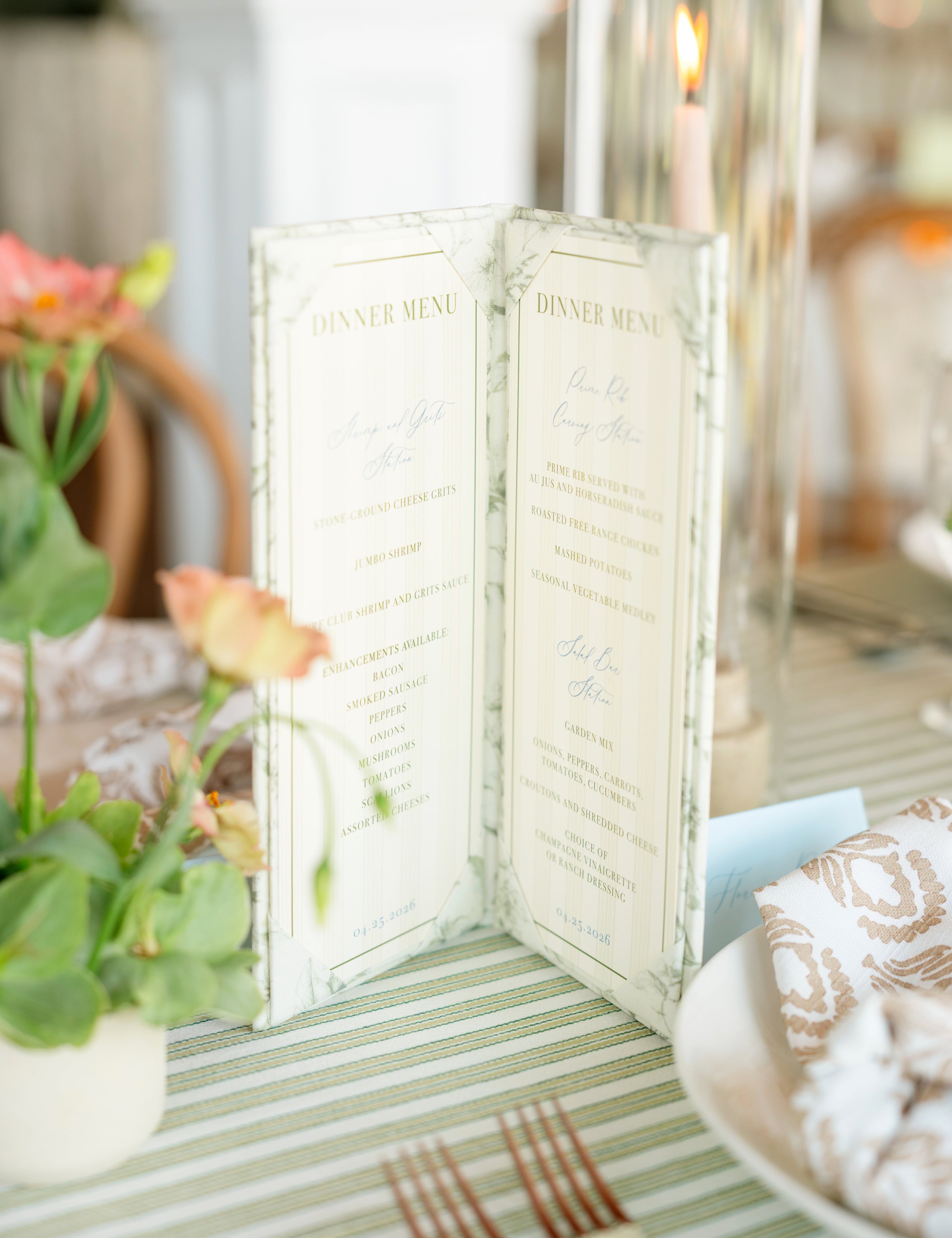 Tablescape featuring a folio wedding menu.