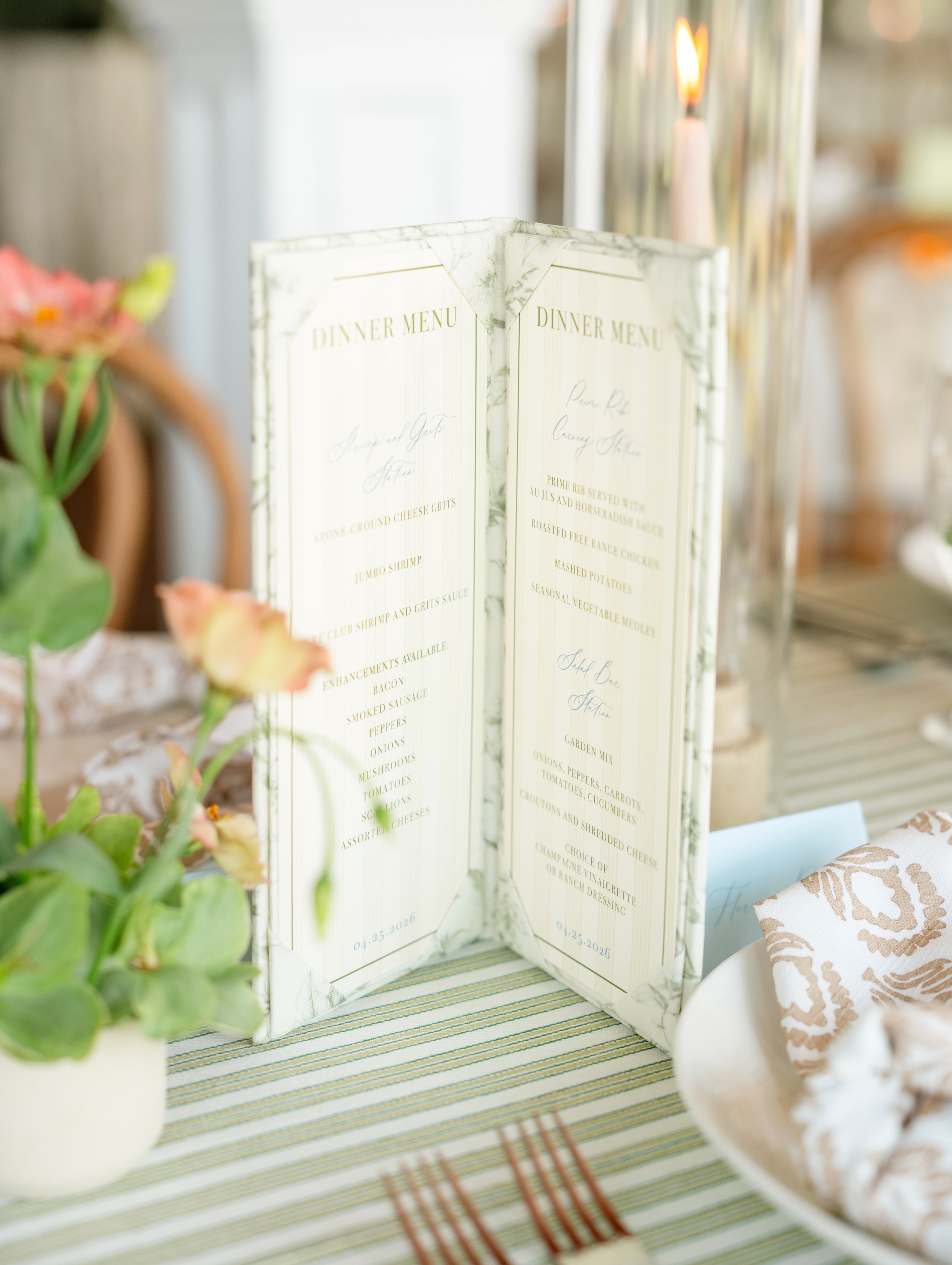 Tablescape featuring a folio wedding menu.