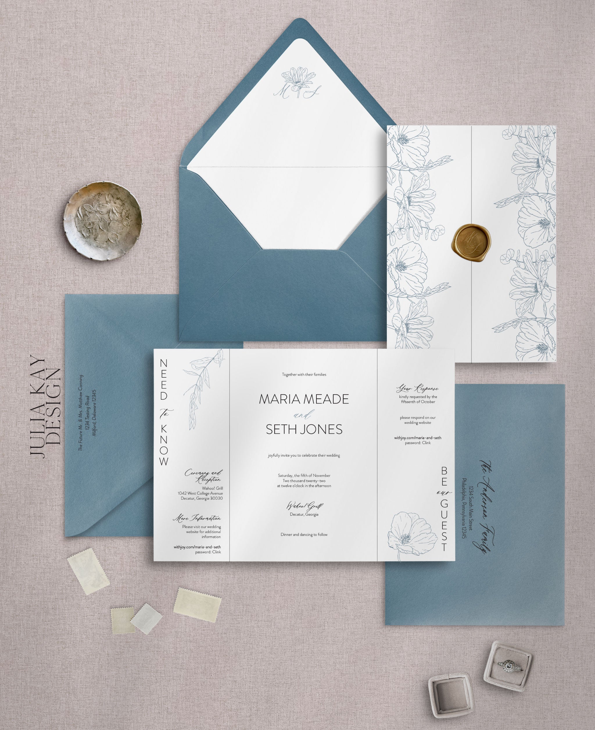 Simple Modern Blues Gate Fold with Wax Seal Wedding Invitation Set