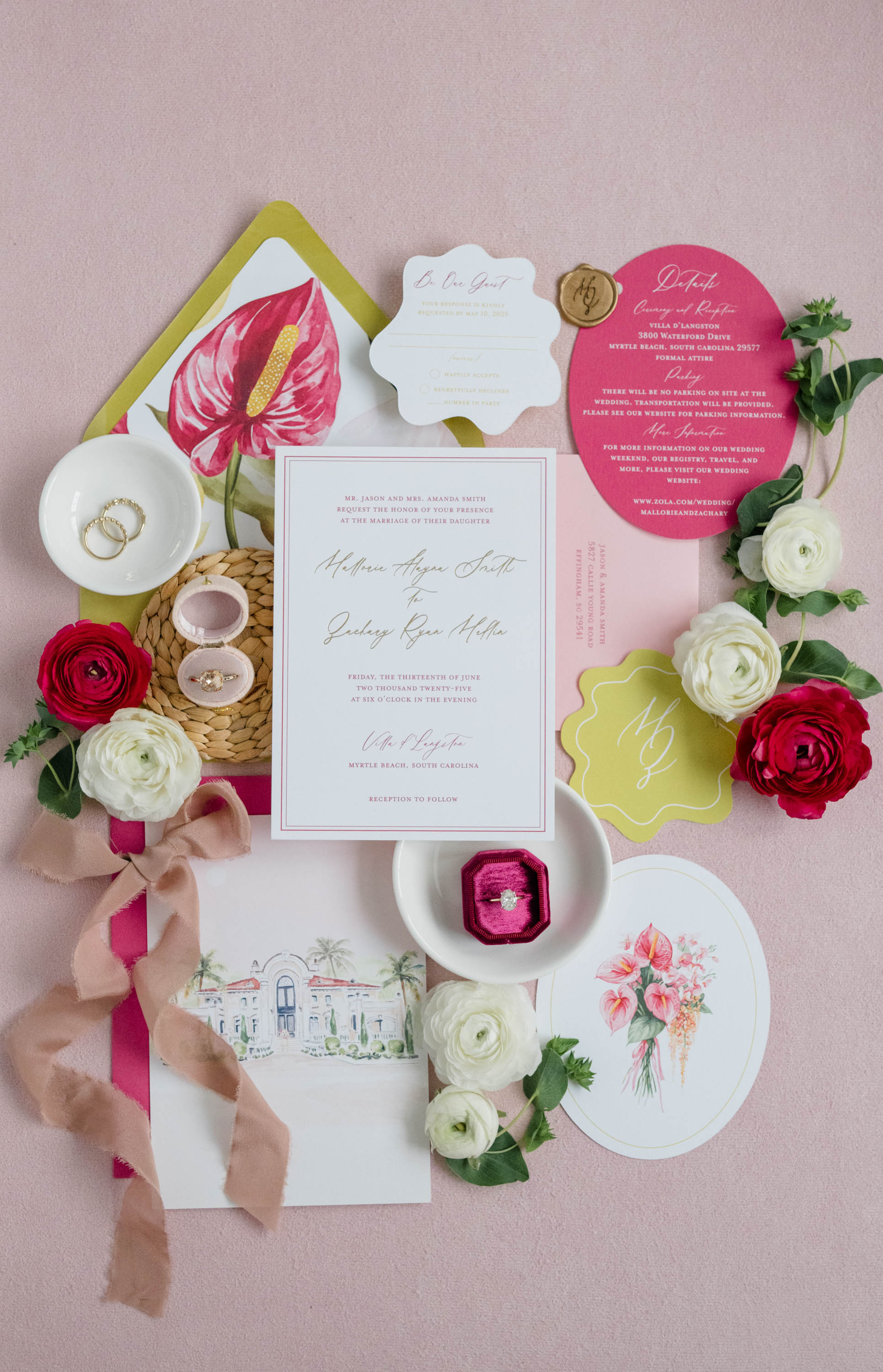 Invitation card with floral decorations on a pink background