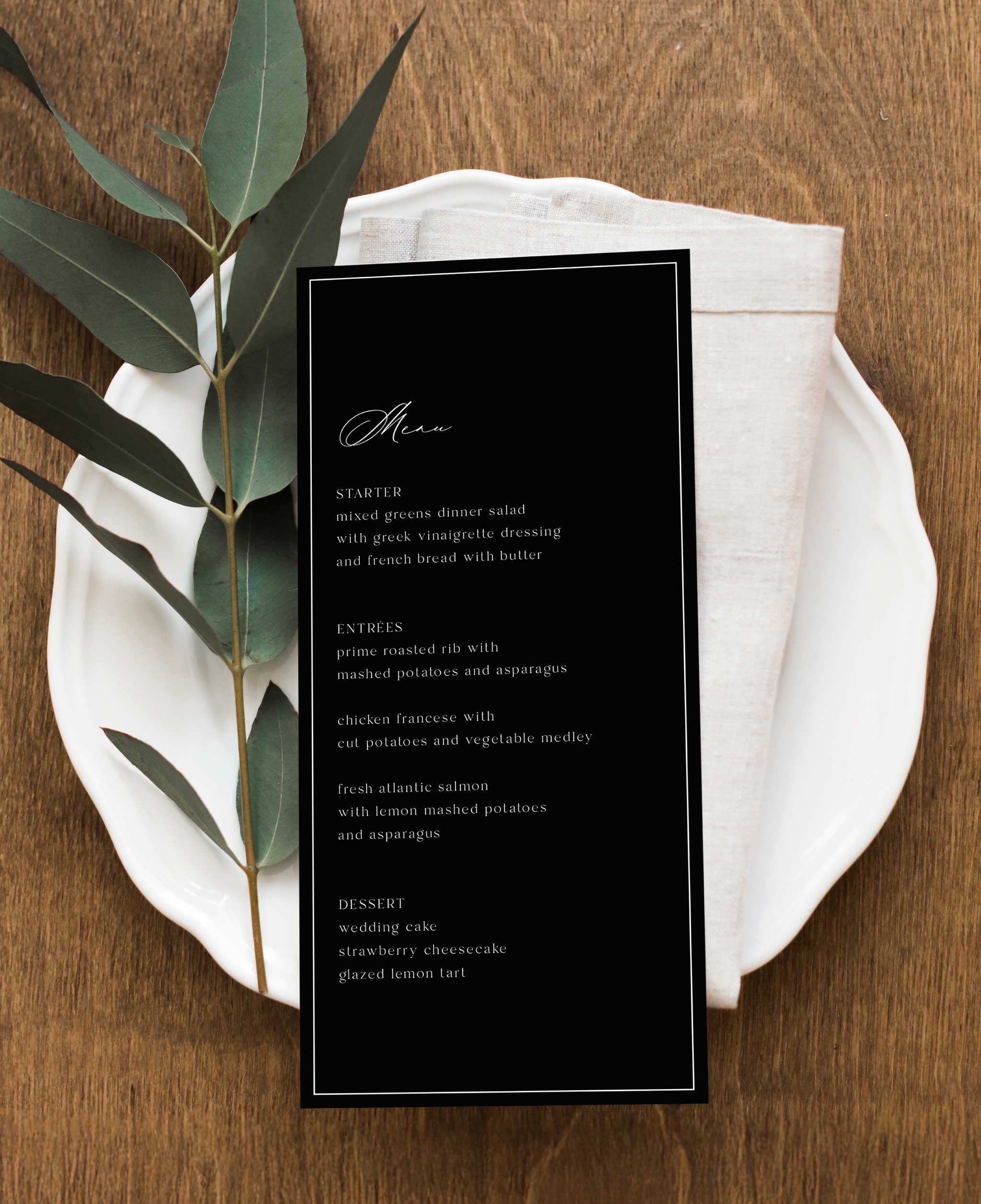 Black and White Space Wedding Dinner Menu