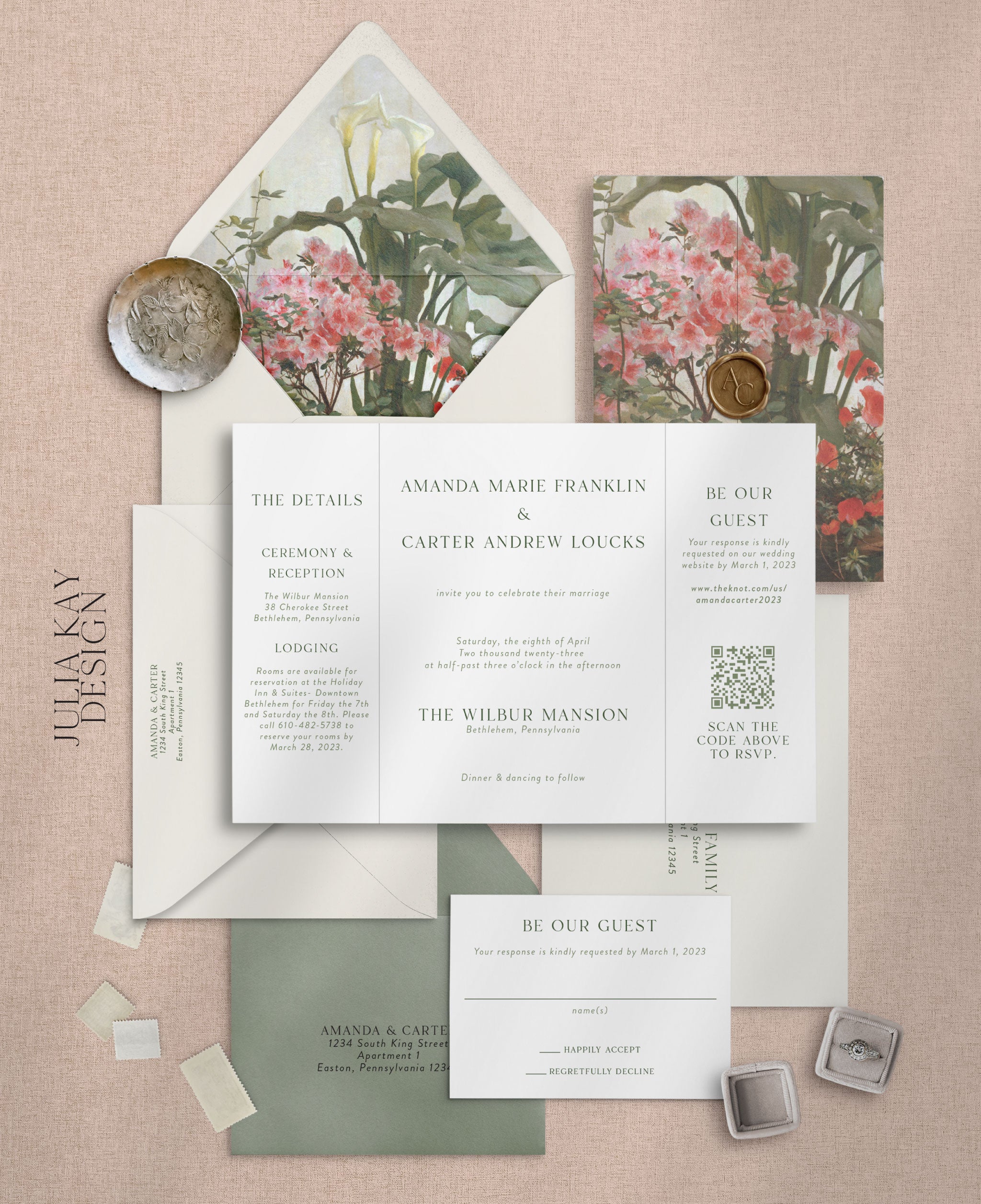 Peace Lily Gate Fold with Wax Seal Wedding Invitation Set