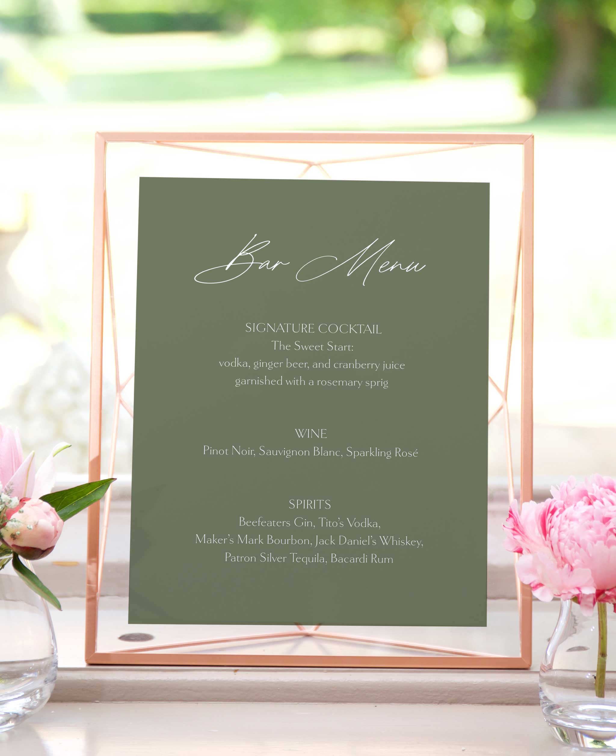 Modern Garden Party Wedding Bar Menu
