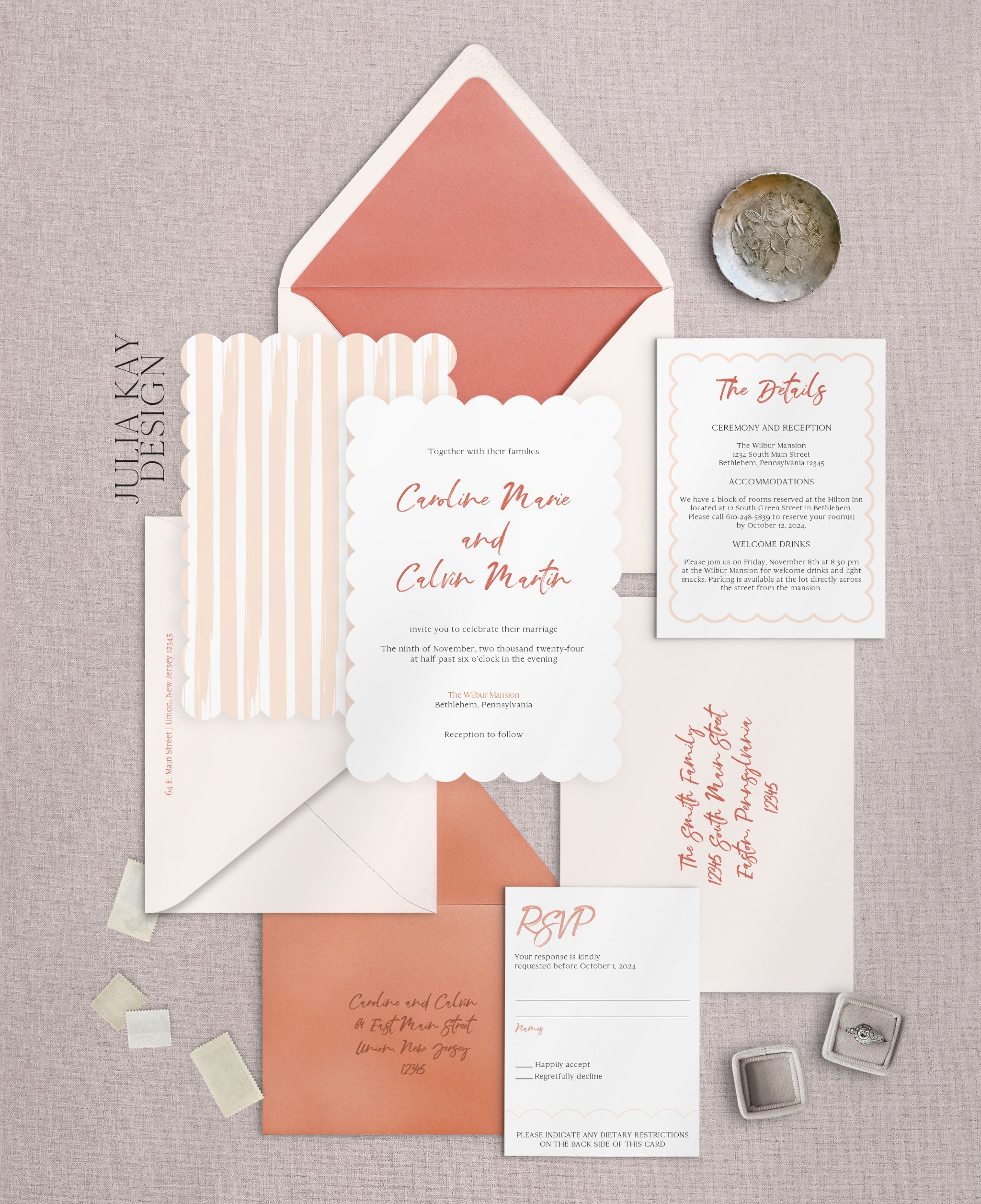 Feminine Terracotta Scalloped Wedding Invitation Set