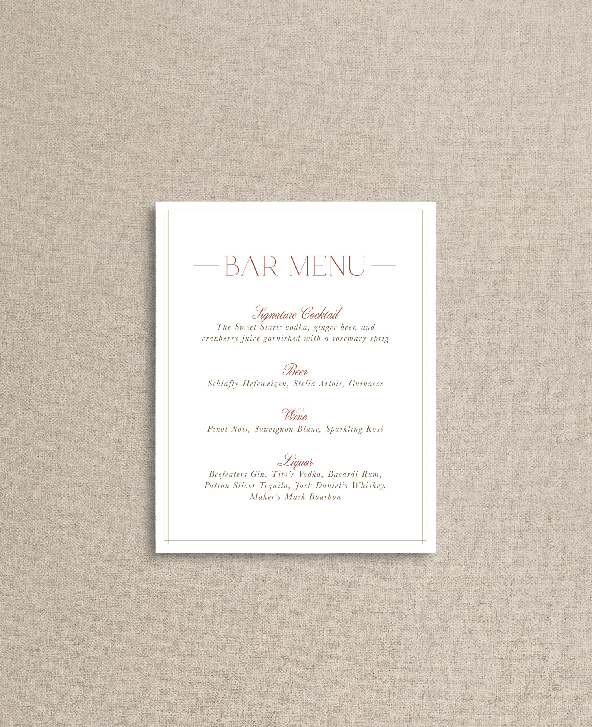Autumn Elegance Wedding Bar Menu