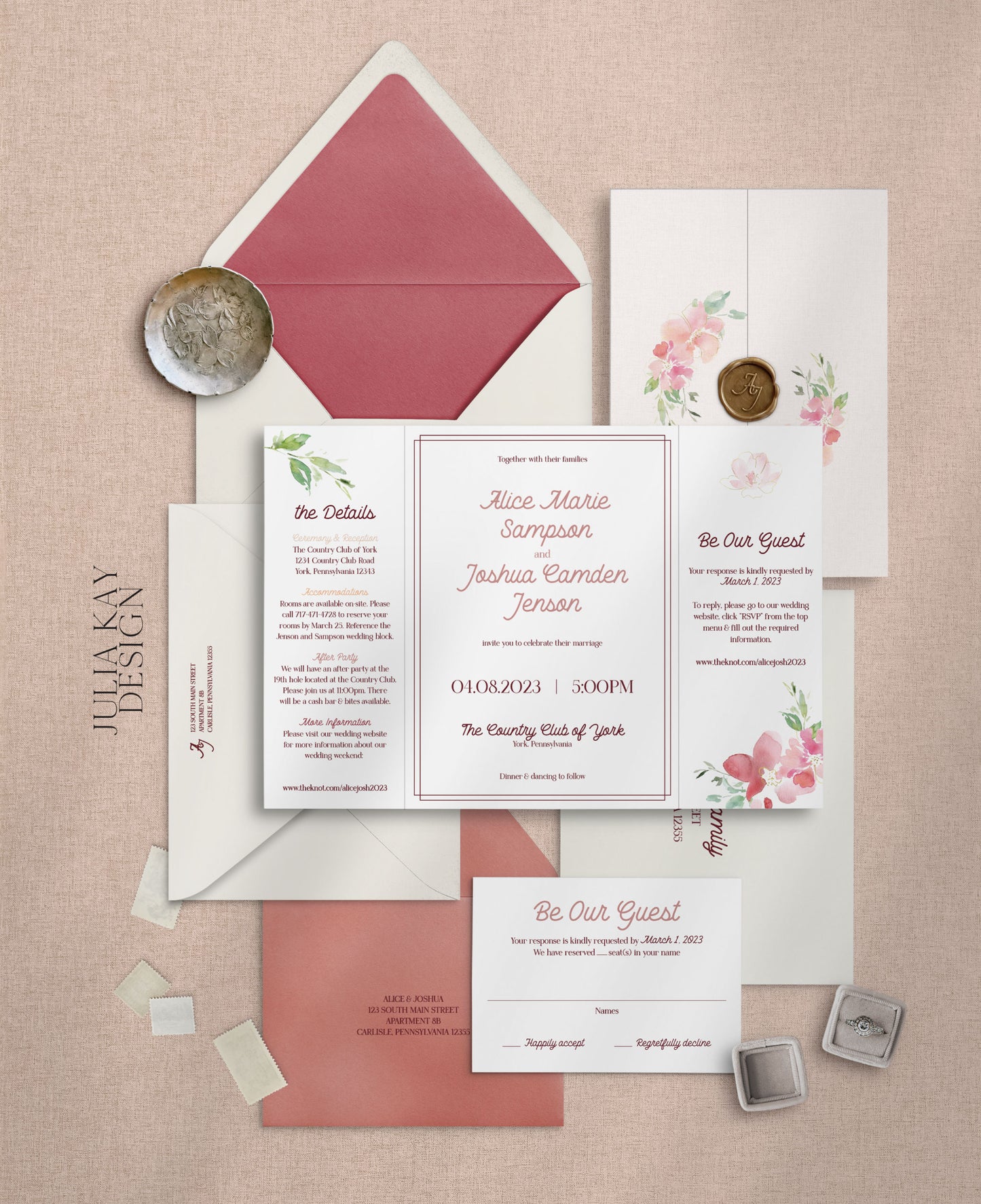 Rosey Sunset Gate Fold with Wax Seal Wedding Invitation Set