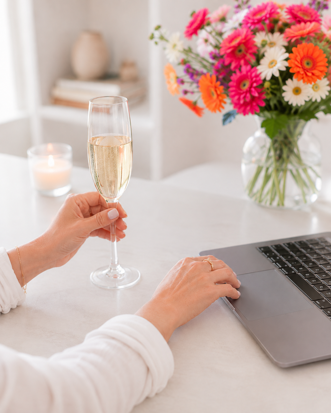 A person at a white desk holding a glass of sparkling wine, with a gray laptop in the foreground, a vase of colorful flowers, and a lit candle in the background.