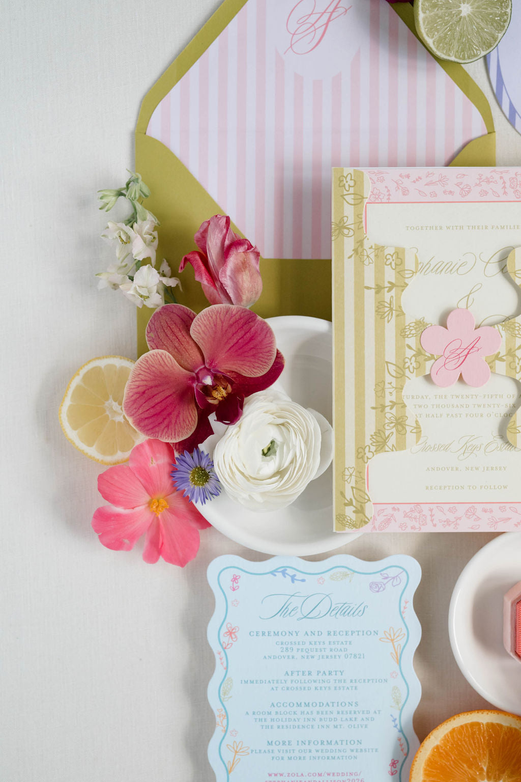 Decorative stationery set with flowers, envelopes, and a card on a white background