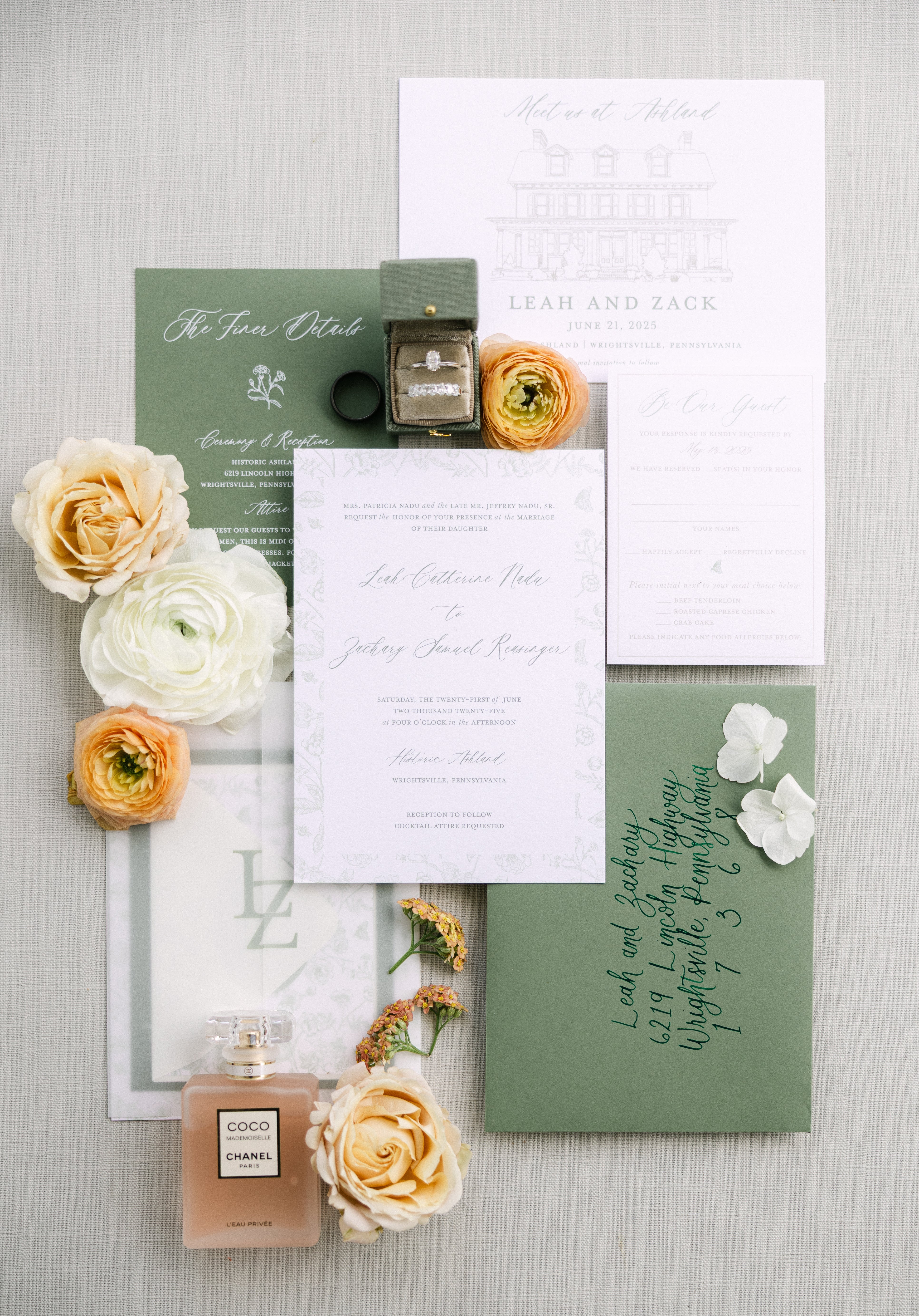 Wedding invitation set with flowers and perfume on a light gray background