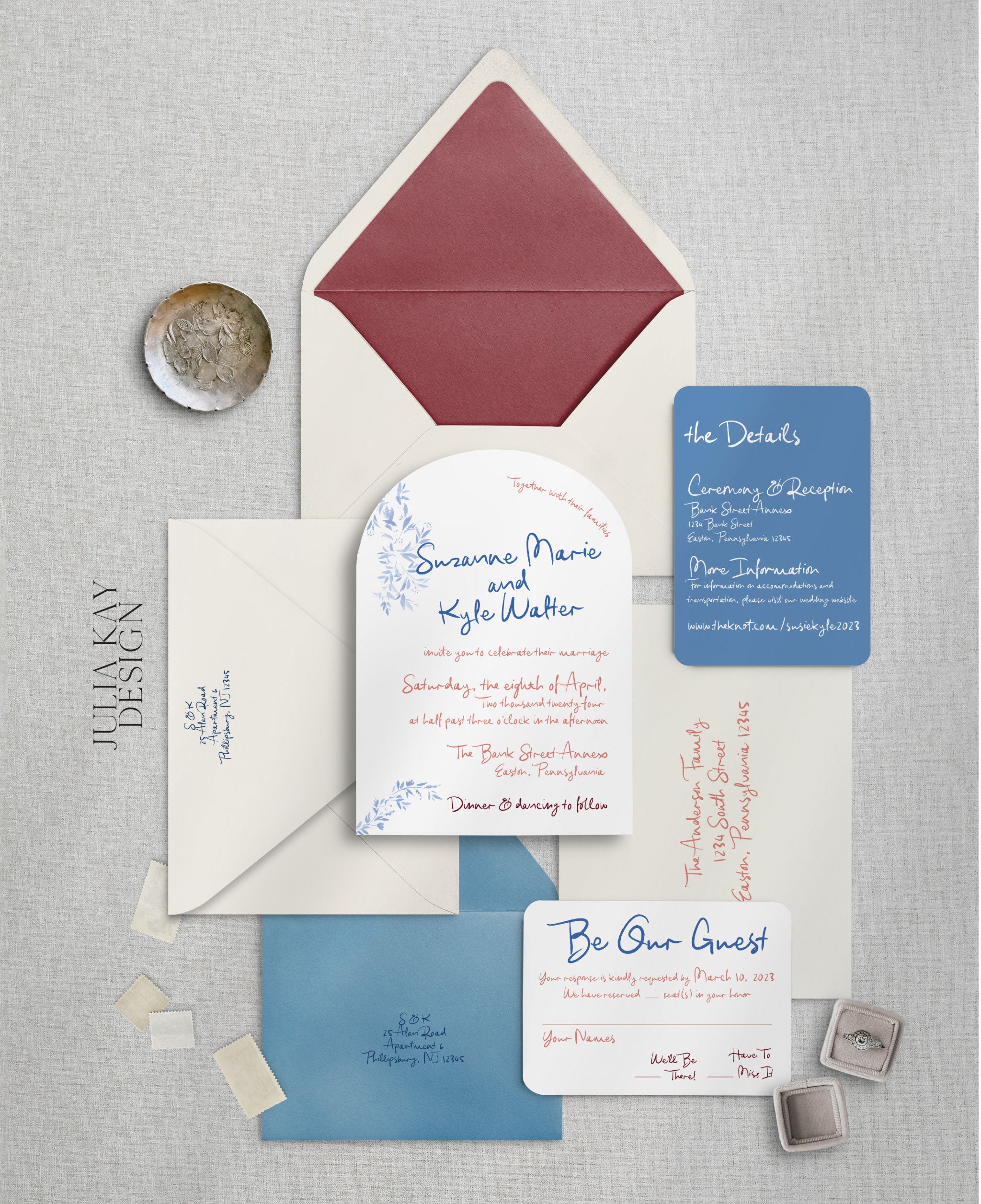 Warm Toned French Blues Arch Wedding Invitation Set