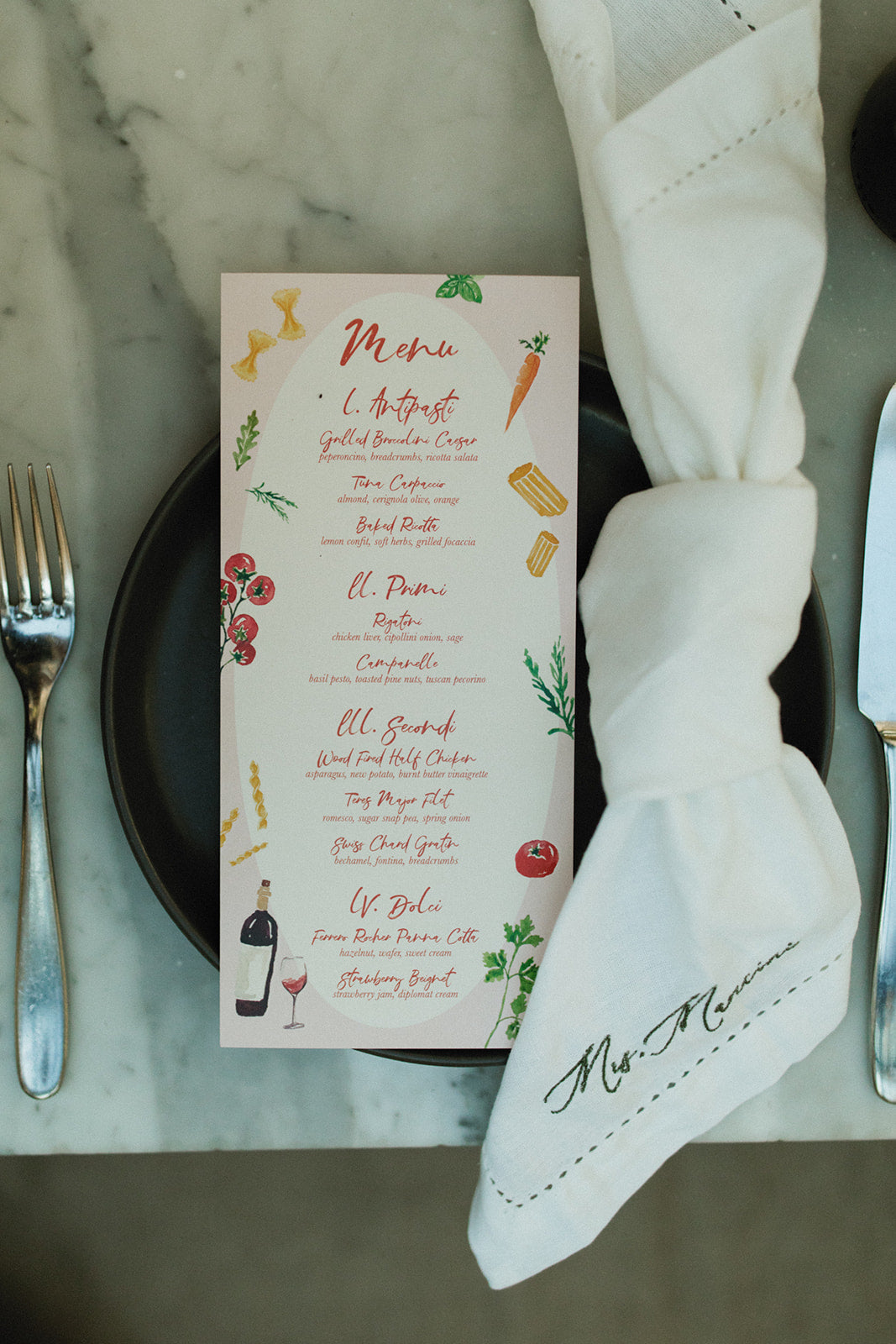 wedding reception dinner menu with hand painted italian illustrations