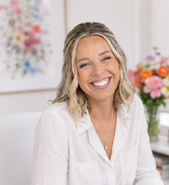 professional photo of a girl smiling with a white button down shirt in a bright and airy office space with florals in the background