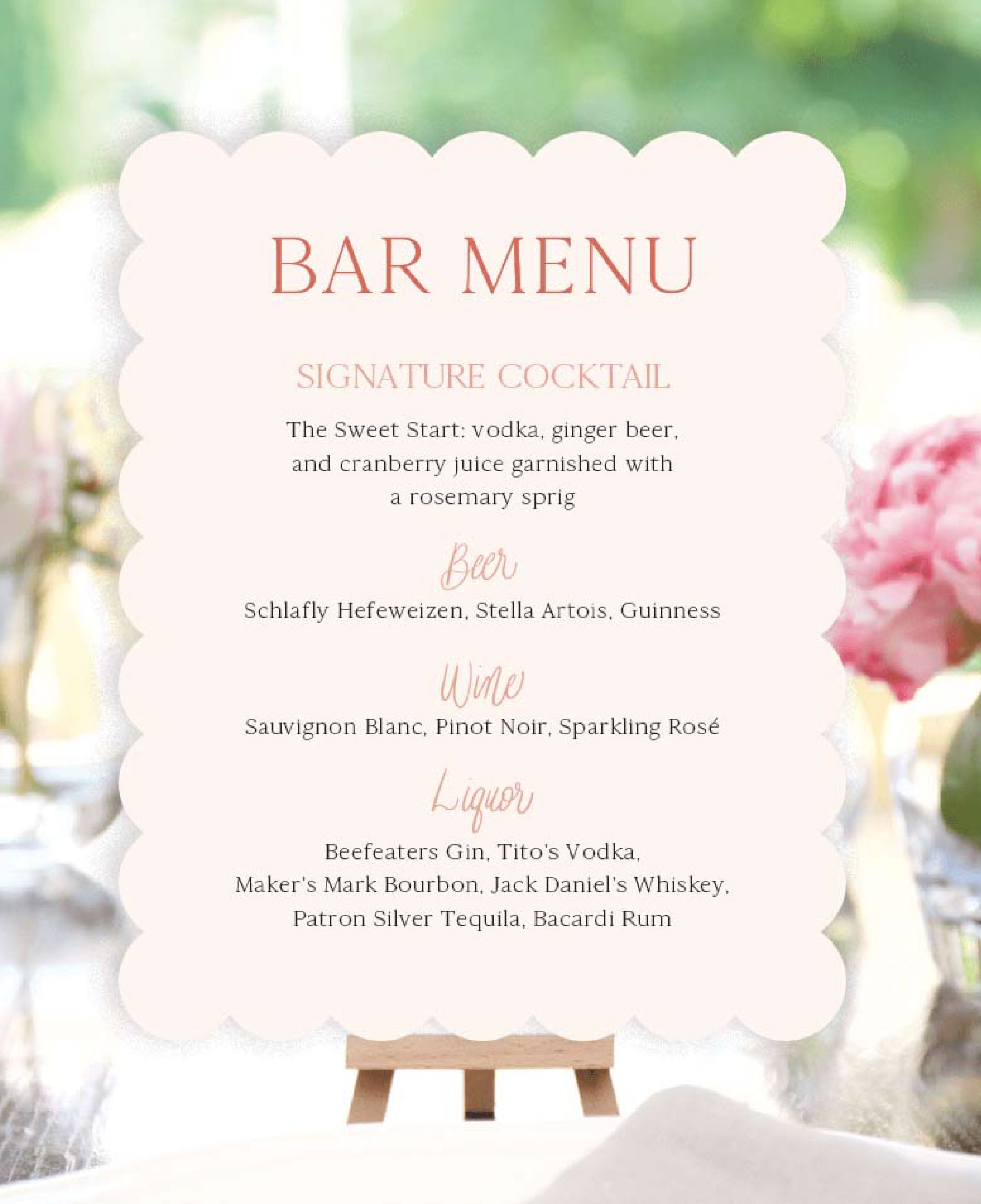 Feminine Terracotta Wedding Bar Menu