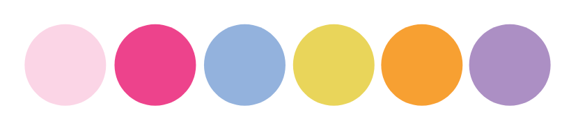 Six colored circles in a row on a white background: pale pink, magenta, light blue, pale yellow, orange, and lavender.